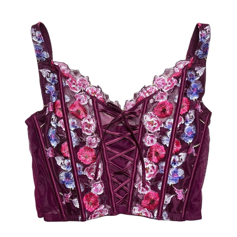 Victoria's Secret Floral Embroidered Lace-Up Corset Bra Top Size SmallDD